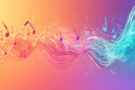 Colorful 3D music notes swirl through flowing waves of vibrant liquid, creating an energetic atmosphere full of rhythm and motion.の素材