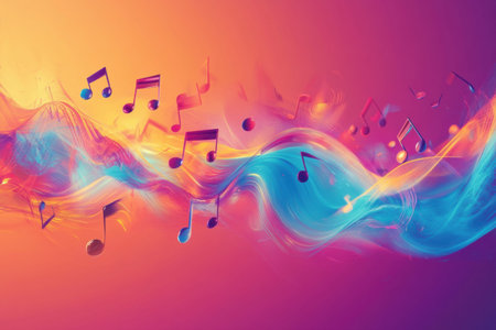 Dynamic 3D music notes drift playfully amidst colorful waves of light, creating an enchanting atmosphere of sound and creativity.の素材