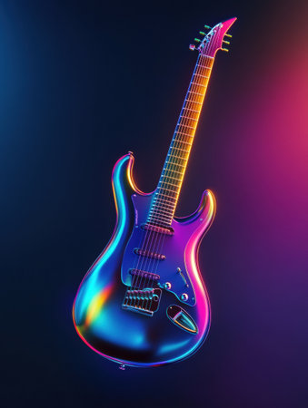 A stunning 3D guitar showcases vibrant colors reflecting off its surface under dramatic lighting, creating an eye catching visual effect.の素材