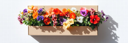 Brightly colored flowers fill a cardboard delivery box, creating a lively display against a clean white background, perfect for a mock up.の素材