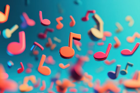 Vibrant 3D music notes appear to float mid air in a colorful blue space, evoking a sense of rhythm and creativity in the atmosphere.の素材