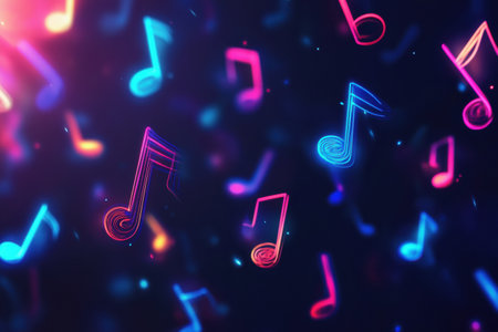 Vibrant 3D music notes float against a dark background, creating an engaging and dynamic atmosphere that celebrates the joy of music.の素材
