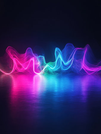 Dynamic light waves in neon hues ripple and pulsate, creating an engaging visual display against a dark backdrop.の素材