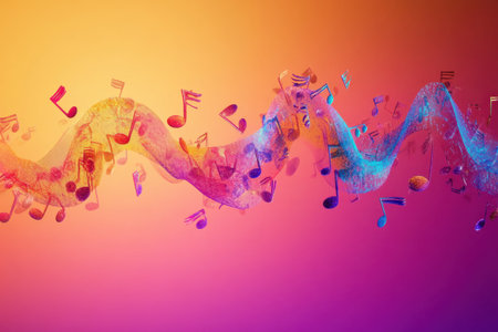 Colorful 3D music notes swirl gracefully against a bright gradient backdrop, creating a lively and rhythmic visual experience.の素材