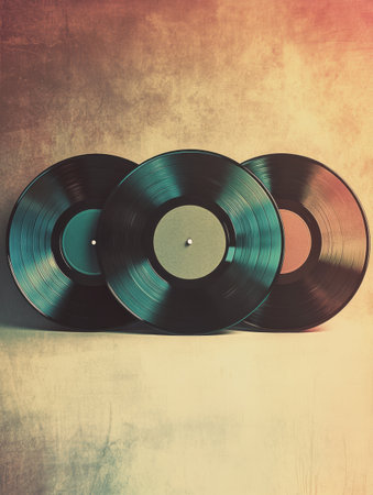 Three 3D vintage vinyl records displayed against a textured background, providing a blank area for adding text and graphics.の素材