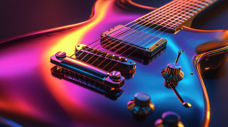 A stunning 3D guitar displays a blend of vibrant colors and modern design, emphasizing craftsmanship and artistic creativity in music.の素材
