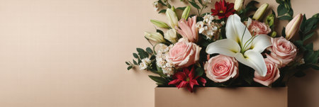 A delivery box exuding a rich chocolate brown hue is overflowing with fresh, colorful flowers creating a lively and inviting display.の素材