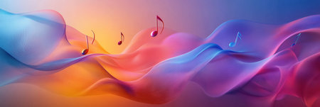 Colorful 3D music notes float gracefully in a dynamic display of pink and blue waves, capturing the essence of sound and rhythm.の素材