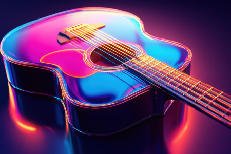 A beautifully designed 3D guitar illuminated by vibrant lighting, showing its artistic details and unique form in a contemporary environment.の素材