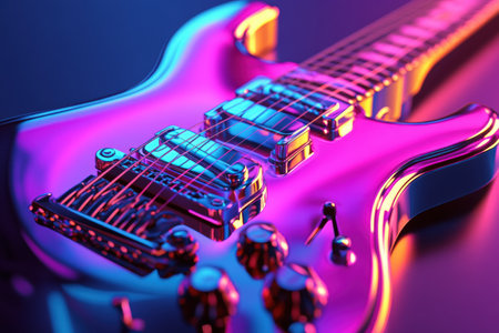 A striking 3D guitar features an array of vibrant colors and lighting effects, highlighting its intricate design and polished surface.の素材