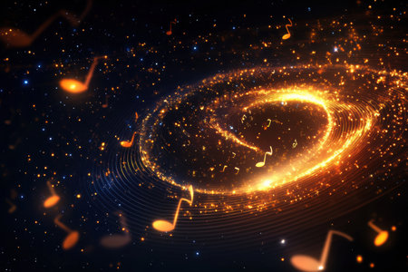 A galaxy of shimmering stars creates a stunning sound wave spiral, blending music and cosmic beauty in a vibrant starry backdrop.の素材
