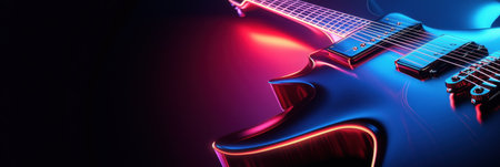 A 3D guitar glows with bright colors against a dark background, creating a captivating atmosphere perfect for evening music enjoyment.の素材