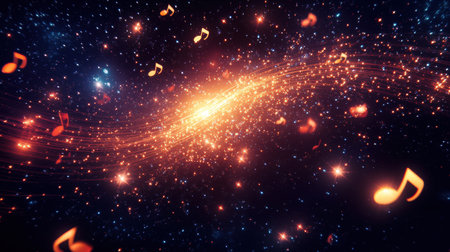 Galactic scene showcases a spiral of stars shaped like a sound wave, with glowing musical notes scattered throughout the cosmos.の素材