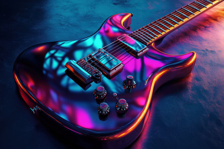 A sleek 3D guitar gleams with colorful reflections on a dark surface, highlighting its intricate design and vibrant hues.の素材