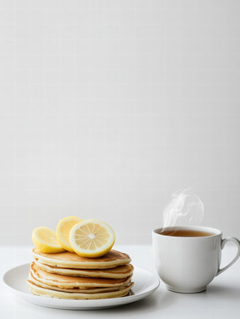 A stack of fluffy lemon pancakes topped with fresh lemon slices sits beside a steaming cup of tea on a clean table surface.の素材