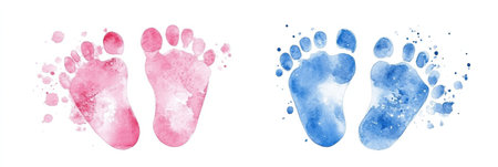 Delicate blue and pink watercolor baby footprints symbolize the arrival of a newborn boy, capturing a heartwarming welcome to life.の素材