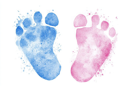 Unique blue and pink watercolor footprints symbolize the arrival of a baby boy, celebrating new life and joy for the family.の素材
