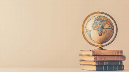 A classic globe sits on top of neatly stacked travel guidebooks, evoking a sense of adventure and exploration in a peaceful setting.の素材