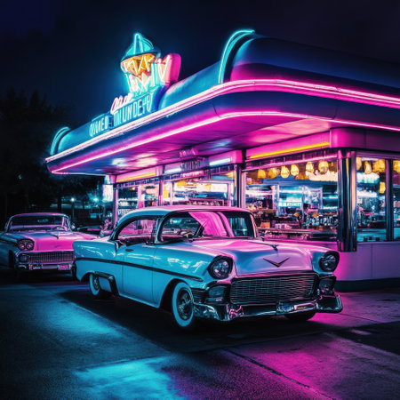 Classic 1950s American cars parked outside a vibrant retro diner at night with neon lights. Generative AIの素材