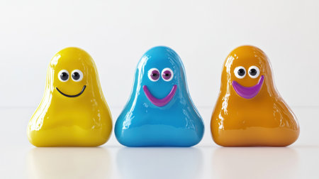 Three vibrant, happy microbes in yellow, blue, and orange colors spread cheer with their big smiles and playful eyes, capturing attention instantly.の素材