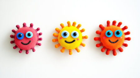 Colorful microbes with big smiles and eyes bring joy as they are displayed on a white background in a playful arrangement.の素材