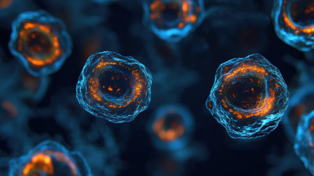 Brightly illuminated cancer cells display vibrant edges, emphasizing their structure and activity within a laboratory environment under a microscope.の素材