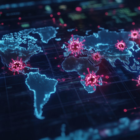Highlighted zones indicate areas of viral spread on a global map, showing critical information for health officials and researchers.の素材