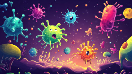 Colorful cartoon viruses joyfully clash with antibodies, creating a whimsical and energetic atmosphere in a microscopic universe filled with life.の素材