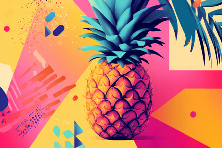 This artwork showcases a colorful pineapple design surrounded by abstract geometric shapes and vibrant hues, creating a lively atmosphere.の素材