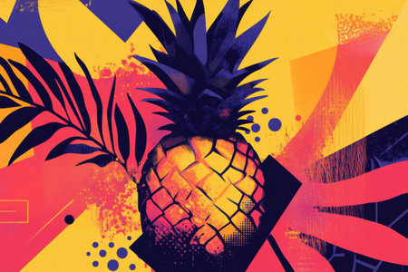 An abstract geometric representation of a pineapple blends vibrant colors and bold patterns, evoking a lively tropical atmosphere.の素材