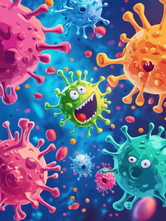 Brightly colored cartoon viruses are joyfully antibodies fighting in a whimsical microscopic universe. The scene is dynamic and energetic.の素材