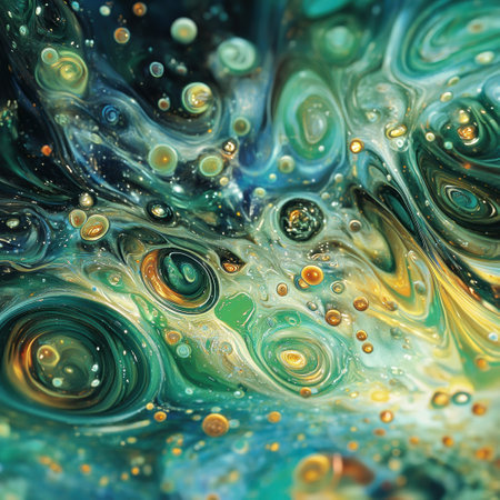 Colorful swirls depict the movement of bacteria and microbes through a fluid, showing vibrant hues and intriguing patterns in motion.の素材