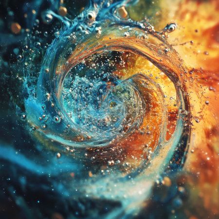 Abstract depiction shows swirling bacteria and microbes in a vibrant liquid, illustrating dynamic movements within a microscopic world.の素材