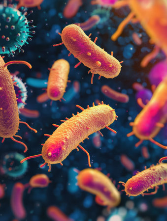 Colorful depiction of various bacteria and microbes interacting dynamically within a liquid, showing their movement and structure.の素材