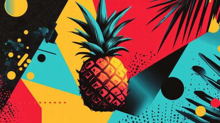 This artwork showcases an abstract geometric pineapple amidst a bold color palette and dynamic shapes, creating an energetic visual experience.の素材