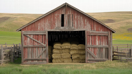 A rustic wooden barn stands with open doors, showing neatly stacked bundles of hay in the warm glow of the setting sun over fields.の素材