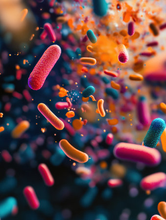 Colorful bacteria and microbes are dynamically swirling and interacting in a liquid environment, showing their lively movement and diversity.の素材