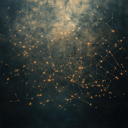 A complex web of luminous lines and dots illustrates the vastness of a global network, highlighting connectivity among diverse points.の素材