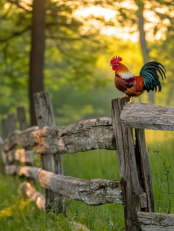 A colorful rooster stands proudly on a weathered wooden fence in the early morning light, surrounded by lush greenery and tranquility.の素材