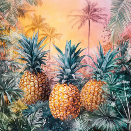 Tropical pineapples thrive in a vibrant landscape filled with palm trees and colorful foliage, creating a serene atmosphere at sunset.の素材