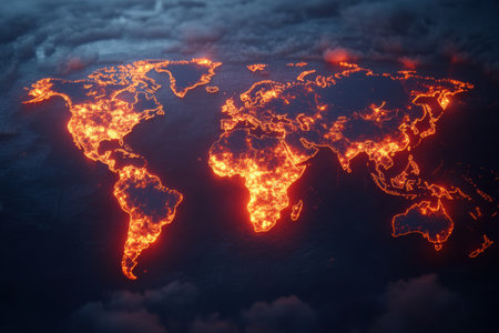 The visual representation shows a world map marked with glowing zones indicative of viral outbreak locations on different continents.の素材