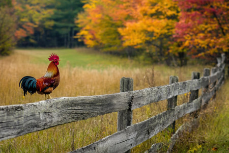 A rooster confidently perches on a rustic wooden fence, surrounded by colorful autumn trees and open fields during a sunny afternoon.の素材