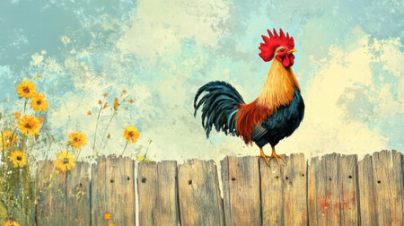 A vibrant rooster stands tall on a weathered wooden fence, enjoying the afternoon sun in a garden filled with blooming flowers in various colors.の素材
