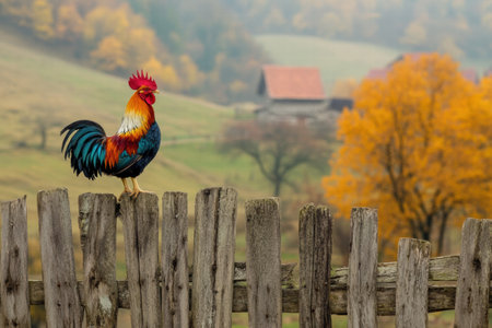 A vibrant rooster perches atop a rustic wooden fence against a backdrop of autumn foliage and farm buildings in the distance.の素材