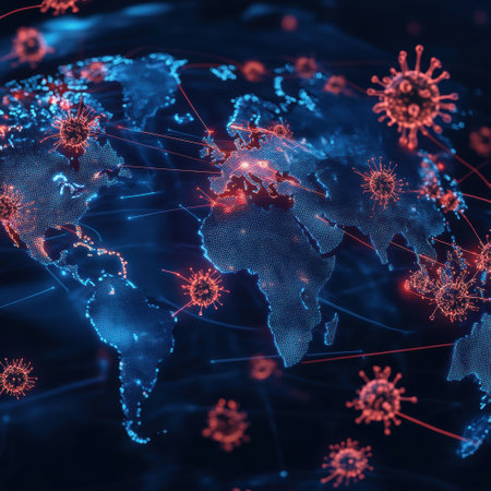 Visualization shows a world map marked with zones of viral spread, illustrating areas with significant transmission activity globally.の素材