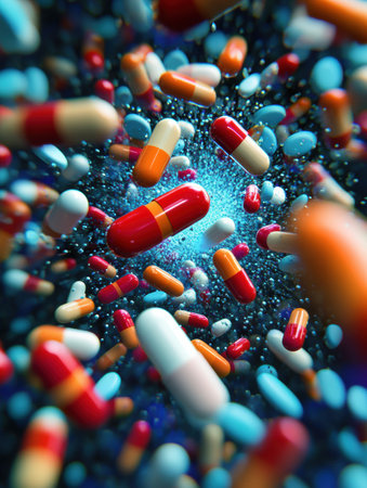 Colorful pills surround and engage with bacteria, representing the ongoing battle between medicine and disease in modern healthcare.の素材
