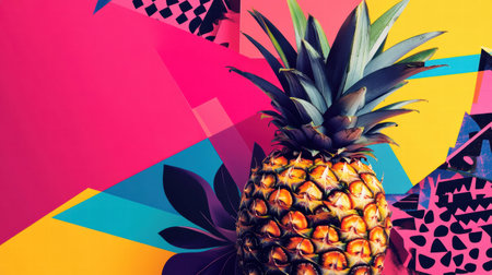 Bright and colorful pineapple surrounded by geometric patterns and bold shapes, showing a modern artistic expression in design.の素材