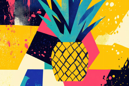 Colorful pineapple design emerges from geometric shapes, featuring dynamic hues and artistic abstraction, creating a lively visual experience.の素材