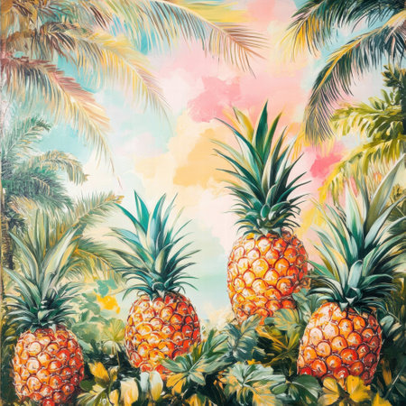Vibrant pineapples are surrounded by lush palm trees and colorful tropical foliage, creating a lively and exotic atmosphere in nature.の素材