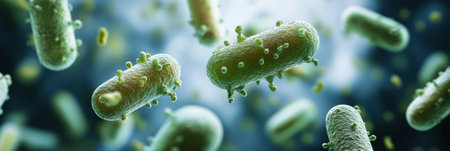 Bacteria are surrounded by pills representing the significant progress in medicine and the ongoing battle against infectious diseases.の素材